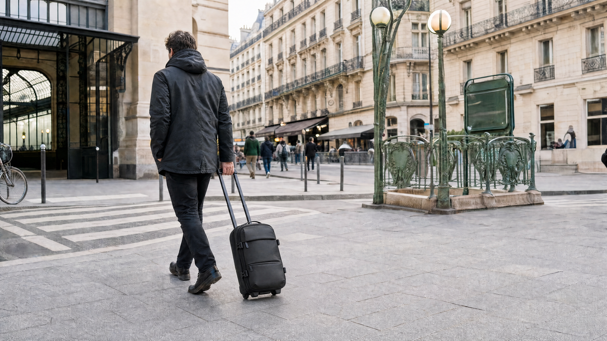 Voyageur avec un bagage hybride entre une gare, le métro et une rue urbaine