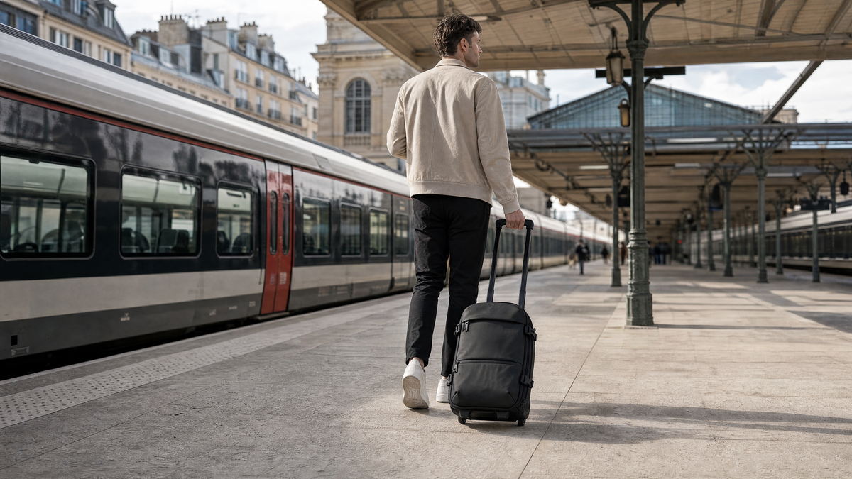 ROAMINERA ONE tiré en mode roulettes sur le quai d’une gare lors d’un déplacement professionnel