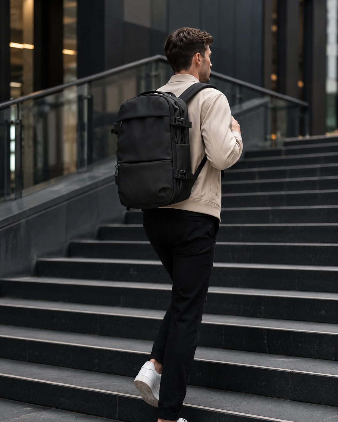 ROAMINERA ONE porté comme sac à dos dans un escalier